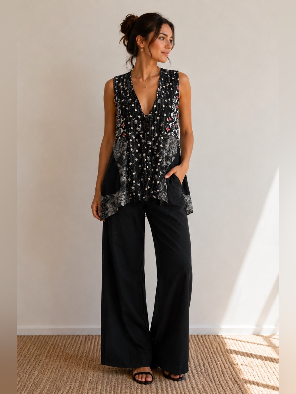 Kimono Silk VEST Black Floral Women's Top M/ L Yasuko